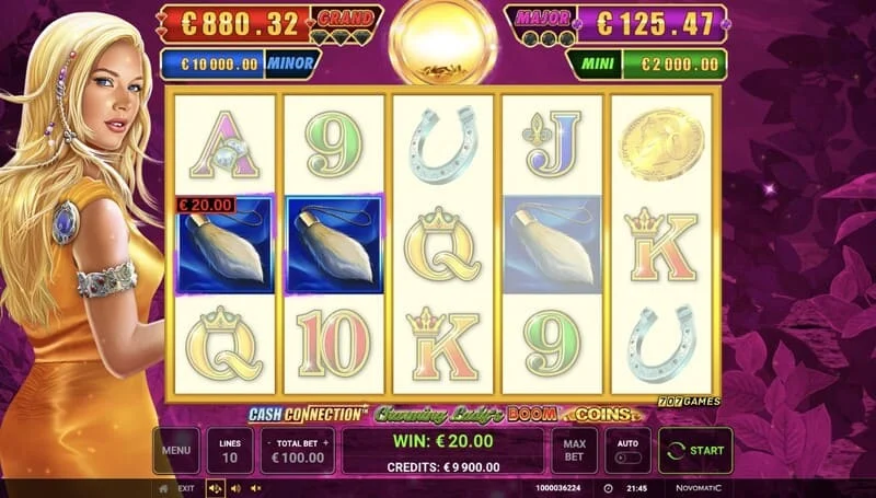 Cash Connection - Charming Lady's Boom Coins - основен екран с печалба по линия