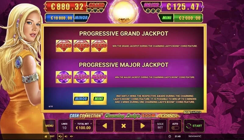 Cash Connection - Charming Lady's Boom Coins - таблица с джакпоти Mini, Minor, Major и Grand