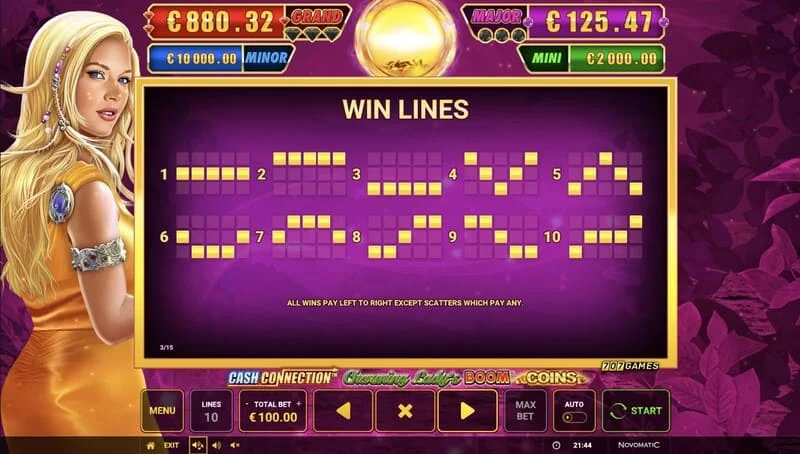 Cash Connection - Charming Lady's Boom Coins - изплащателни линии и Wild Charming Lady